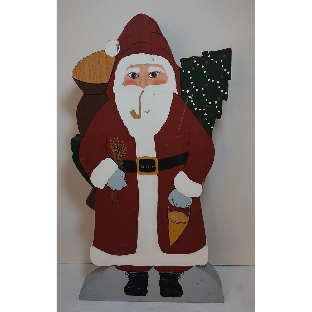 Hand Crafted Solid Wood 19" Santa Claus Figurine Pipe & Bag Christmas Folk Ark